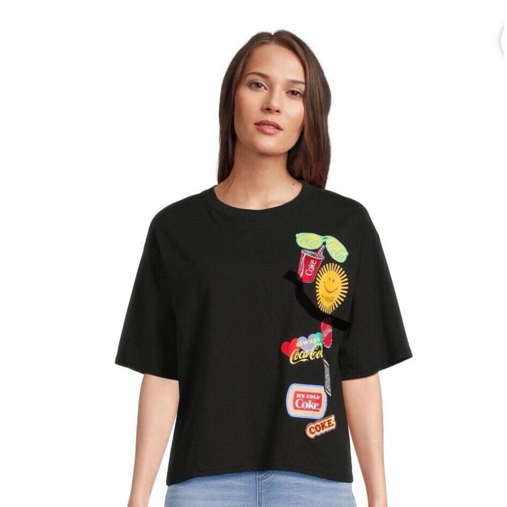 Coca-Cola Multi Patch Graphic Crop Tee Black Womens Juniors L 11/13 Y2K